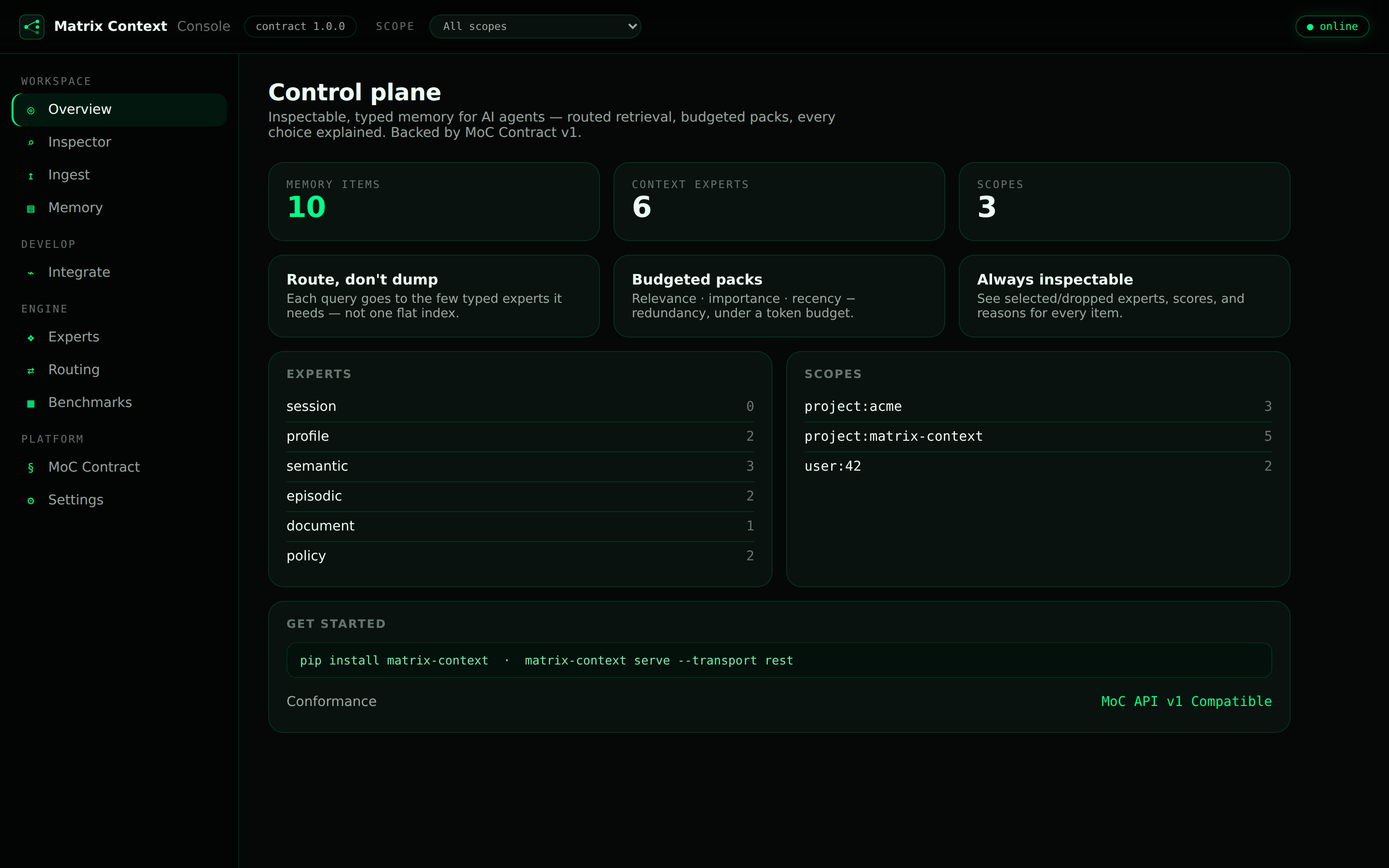 The Matrix Context Console — the live control plane for your agent's memory.