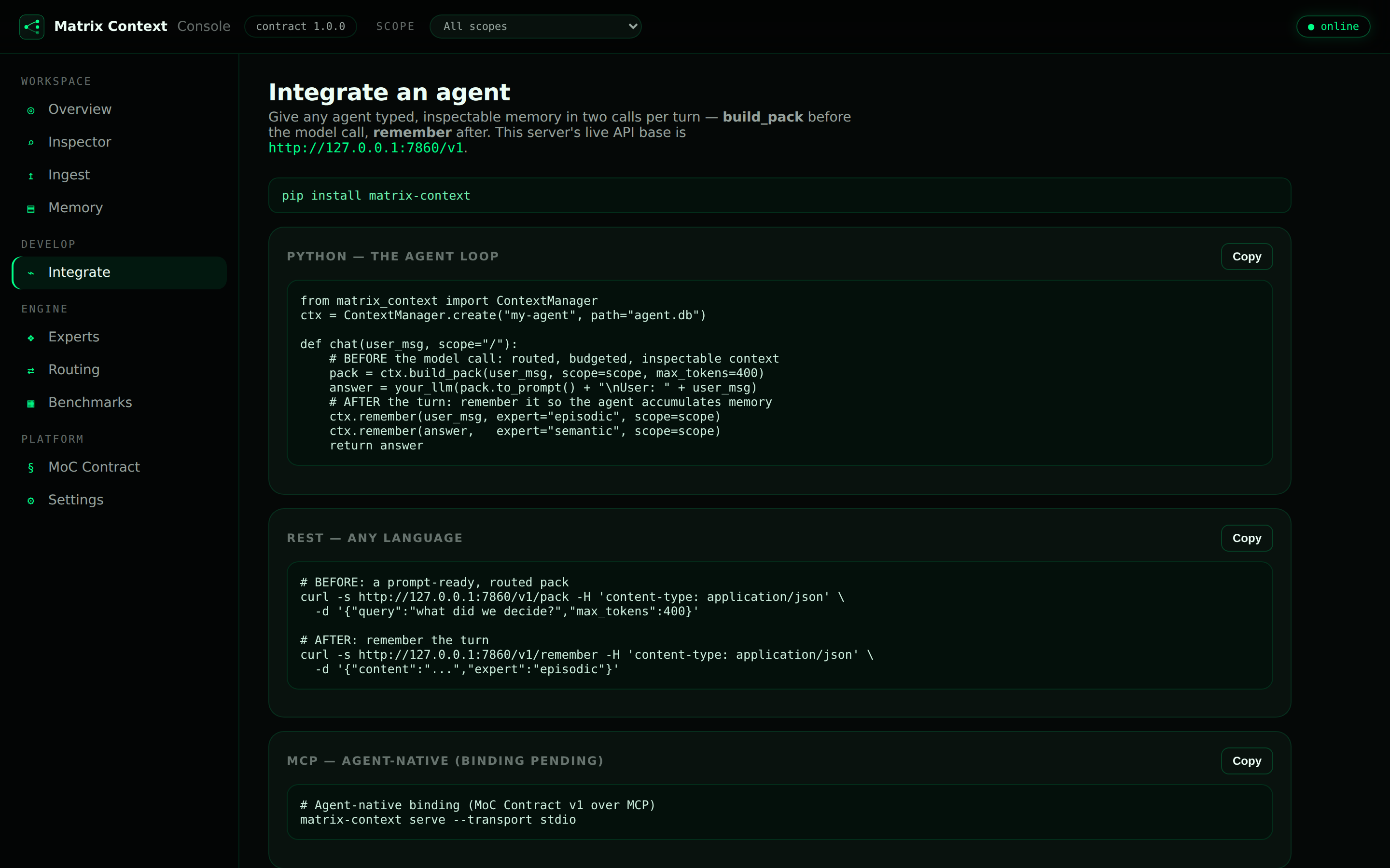 The Console Integrate view — copy-paste snippets for Python, REST, and MCP, wired to your server.