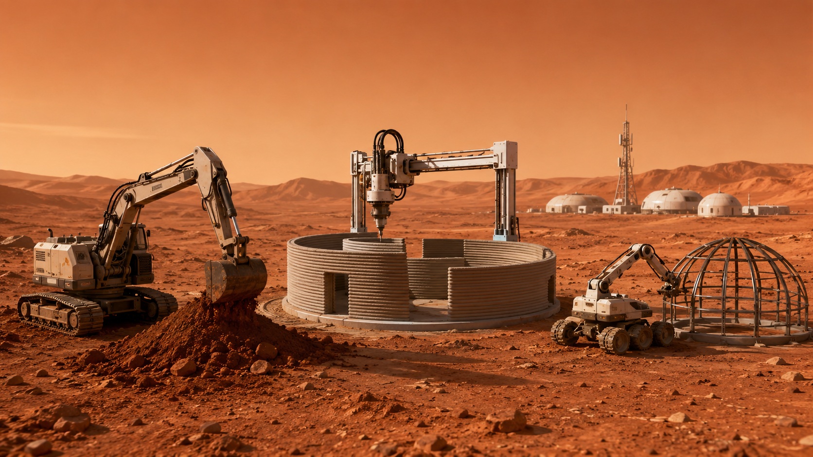 Autonomous robots constructing a half-built habitat on Mars, with an excavator, 3D-printing robot, assembly rover, distant domes, and communications tower.