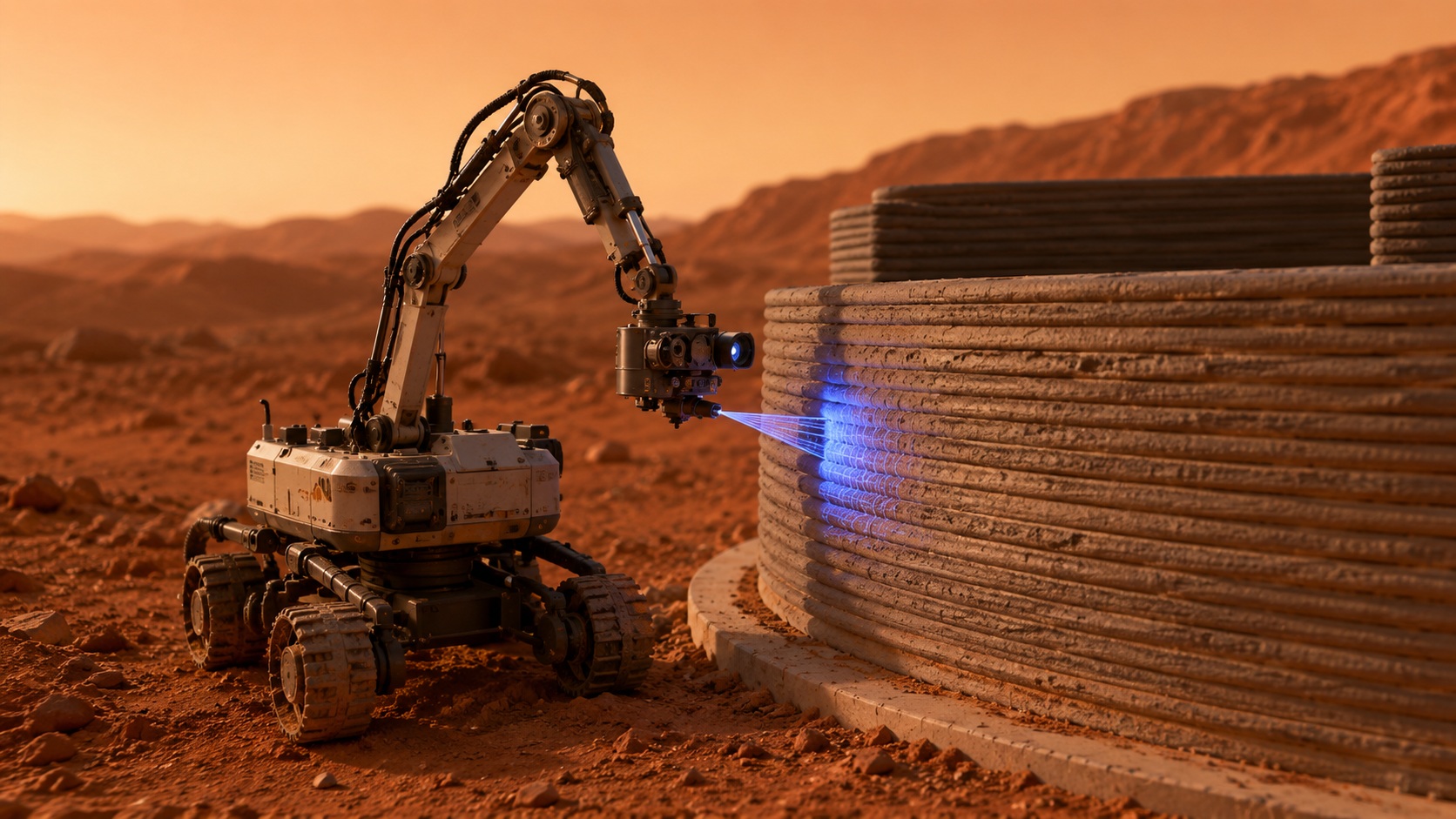 Autonomous construction robot inspecting a freshly printed habitat wall on Mars using sensors and lidar.