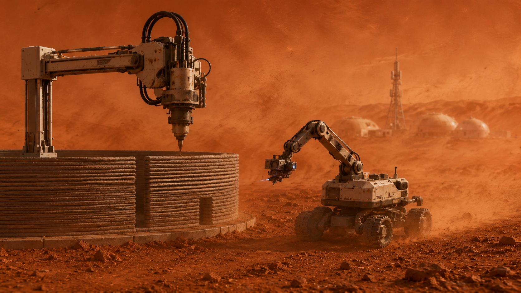 Paused robotic 3D printer and autonomous repair rover during a dust storm on Mars, with an unfinished habitat wall and distant domes.